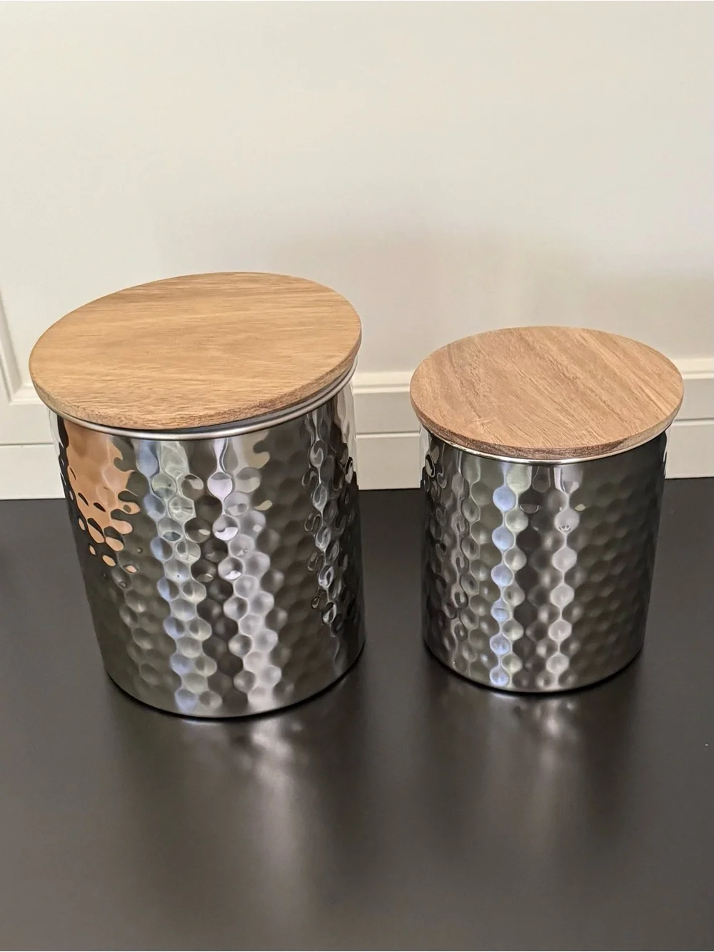2 Piece Uncommon James Silver Hammered Canister Set w/Wood Lids 45oz & 25oz NEW